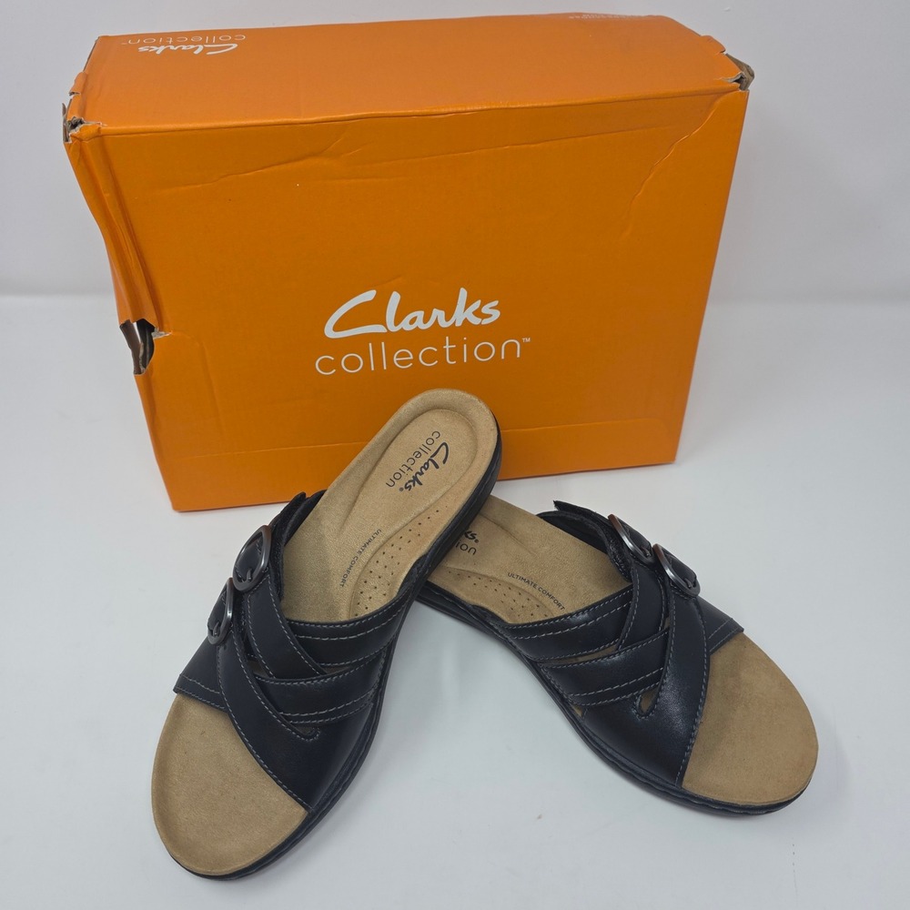 Clarks Laurieann Opal Sandals Womens 8 Black Leather Strappy Comfort Slide NEW